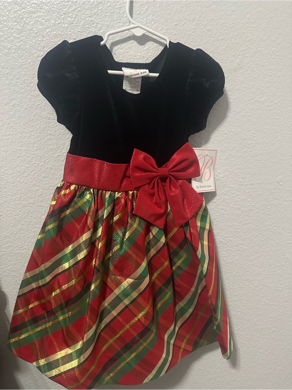 Bonnie Jean Black Velvet Top Red Plaid Holiday Dress with Bow